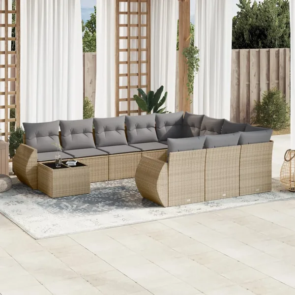 Salon de jardin 11 pcs avec coussins beige résine tressée