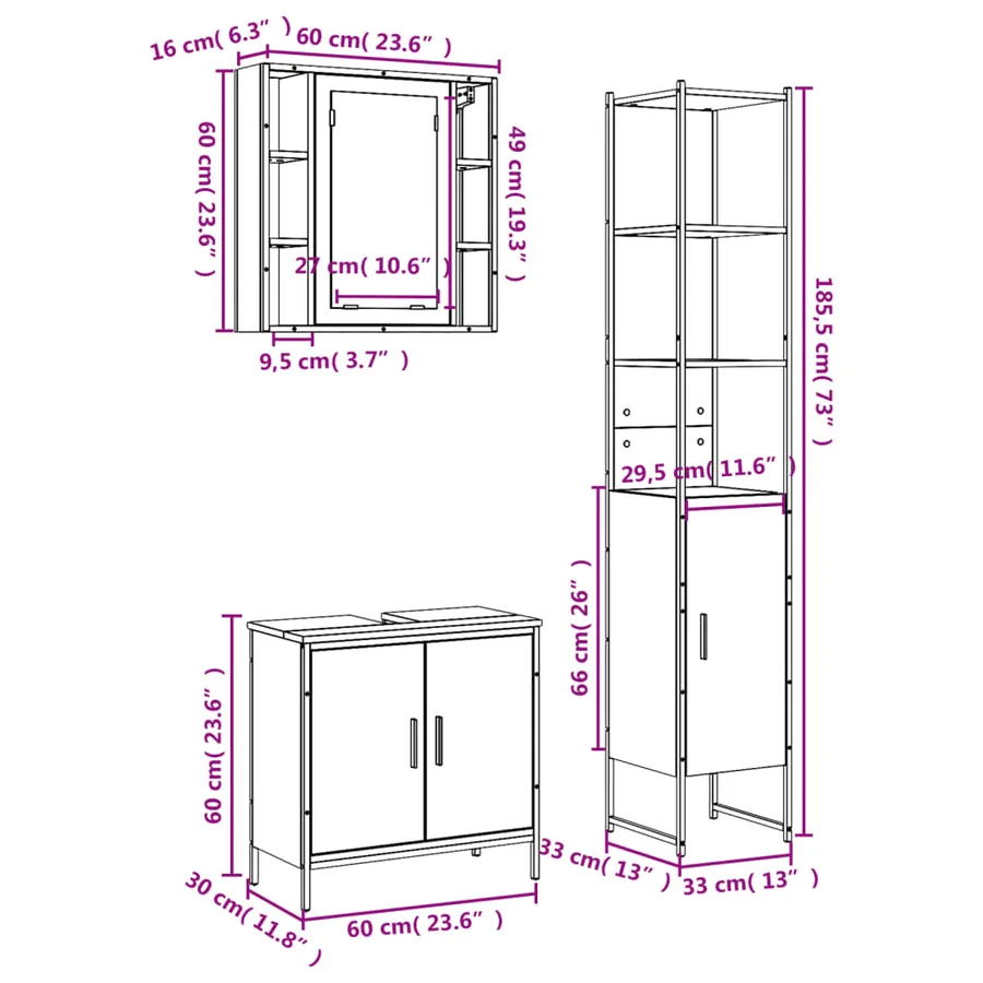 Ensemble d'armoires salle de bain 3 pcs noir bois d'ingénierie - 13