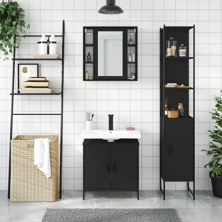Ensemble d'armoires salle de bain 3 pcs noir bois d'ingénierie - 3