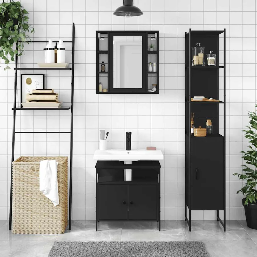 Ensemble d'armoires salle de bain 3 pcs noir bois d'ingénierie - 3