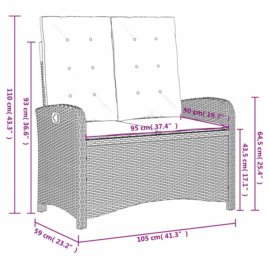 Banc inclinable de jardin avec coussins noir résine tressée - 10