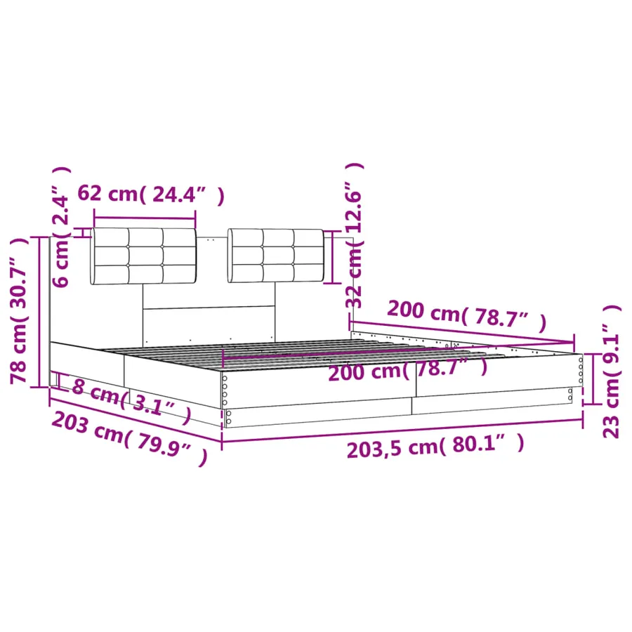 Cadre de lit avec LED sans matelas gris béton 200x200 cm - 14