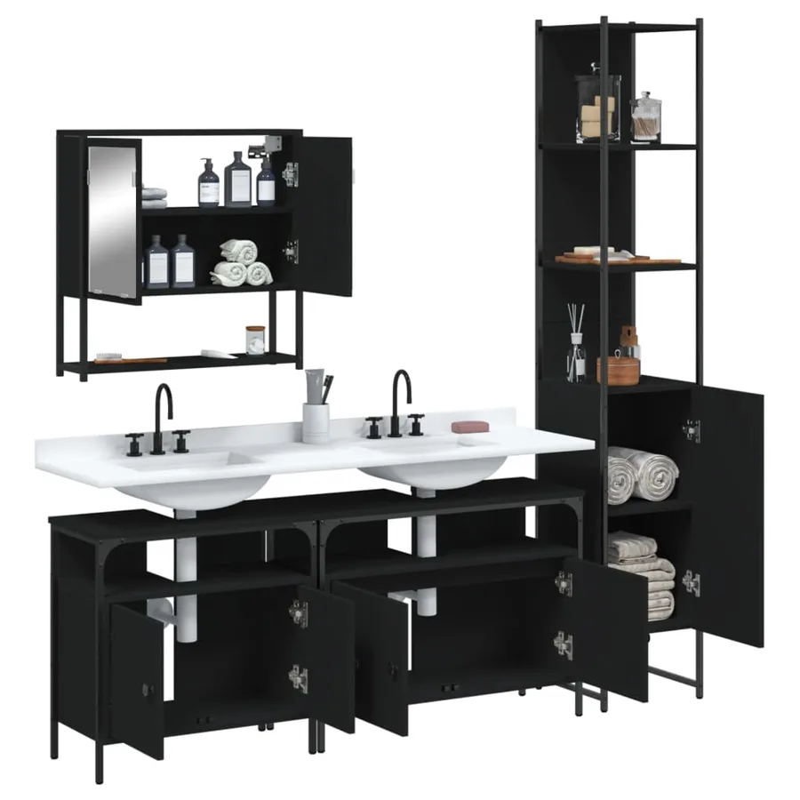 Ensemble de meubles salle de bain 4 pcs noir bois d'ingénierie - 4