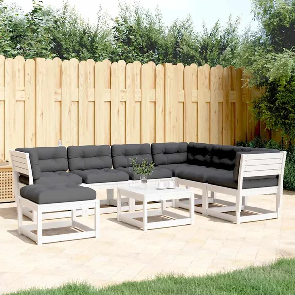 Salon de jardin 7 pcs avec coussins blanc bois de pin massif