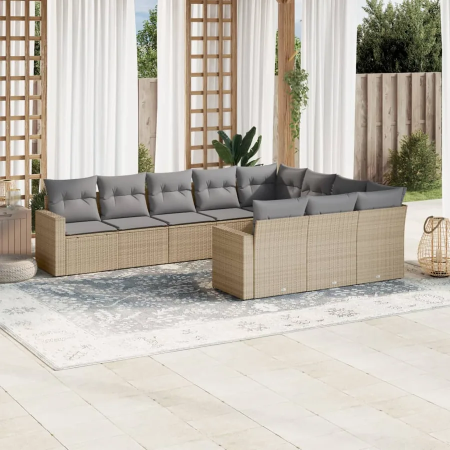 Salon de jardin avec coussins 10 pcs beige résine tressée