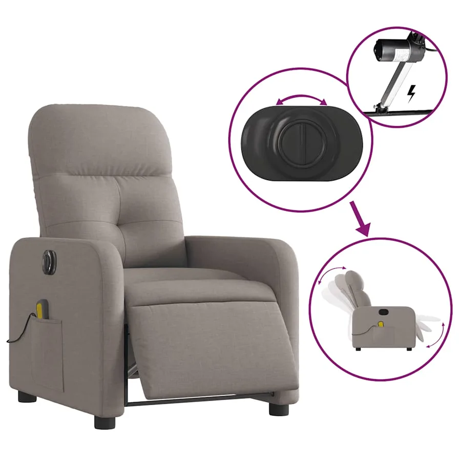 Fauteuil de massage inclinable électrique Taupe Tissu - 6