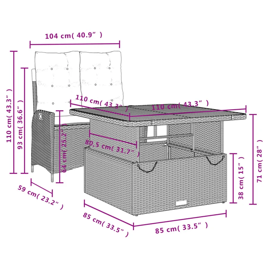 Ensemble à manger de jardin coussins 2pcs noir résine tressée - 8