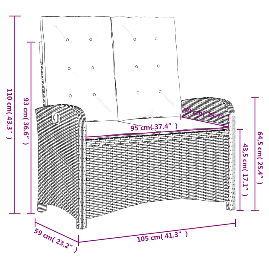 Banc inclinable de jardin et coussins gris clair résine tressée - 10