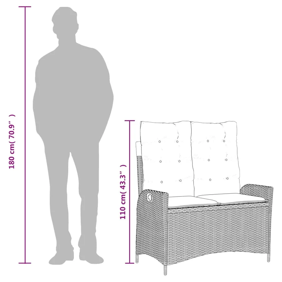 Banc inclinable de jardin avec coussins marron résine tressée - 9