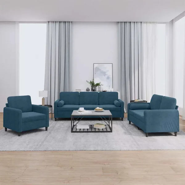 Ensemble de canapés 3 pcs avec coussins bleu velours