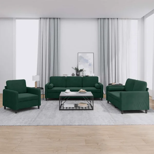 Ensemble de canapés 3 pcs avec coussins vert foncé velours