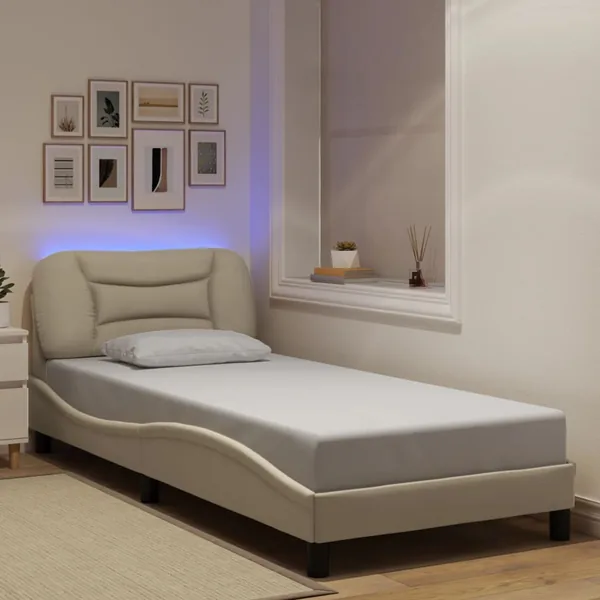 Cadre de lit avec LED sans matelas Hvar crème 90x190 cm tissu