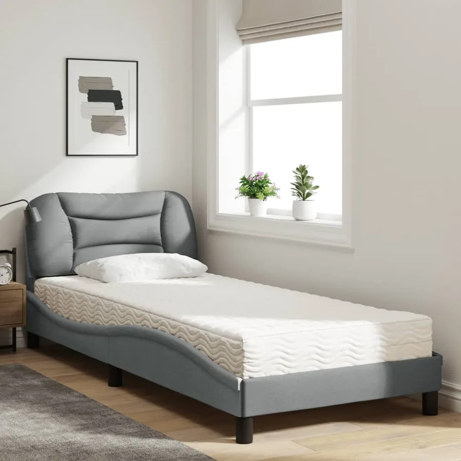 Lit avec matelas Hvar gris clair 90x190 cm tissu - 3