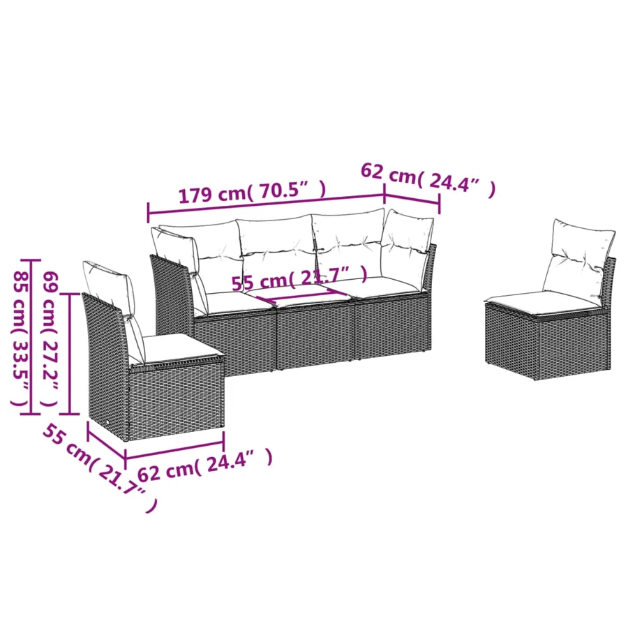 Salon de jardin 5 pcs avec coussins noir résine tressée - 3