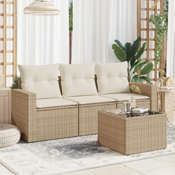Ensemble de canapé de jardin 4 pcs avec coussins beige résine tressée