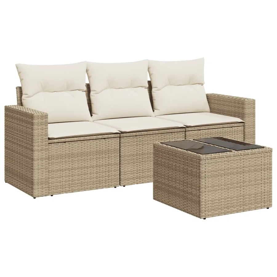 Ensemble de canapé de jardin 4 pcs avec coussins beige résine tressée - 2