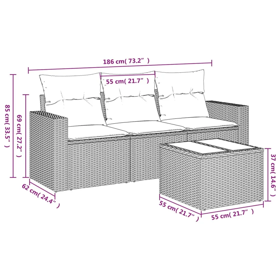 Ensemble de canapé de jardin 4 pcs avec coussins beige résine tressée - 3
