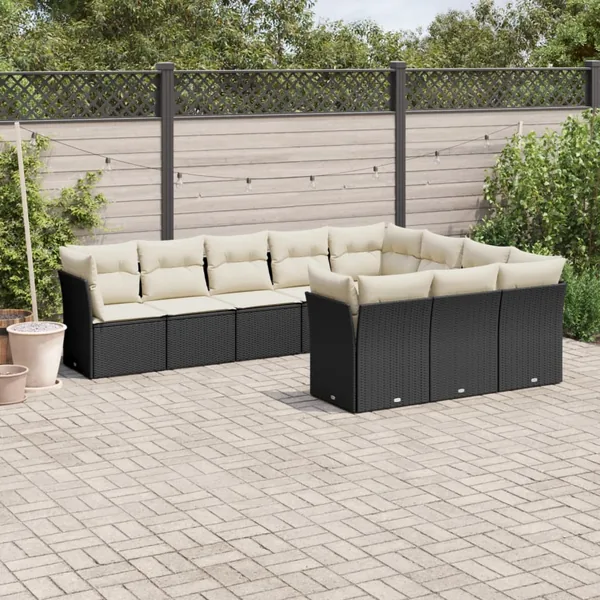 Salon de jardin 10 pcs avec coussins noir résine tressée