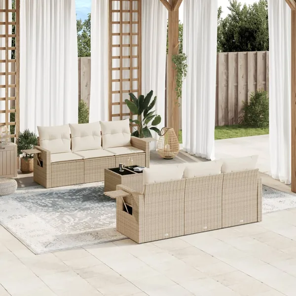 Salon de jardin avec coussins 7 pcs beige résine tressée