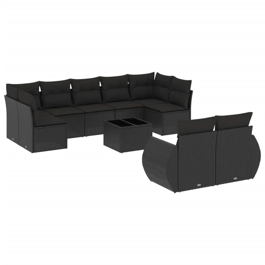 Salon de jardin 10 pcs avec coussins noir résine tressée - 2