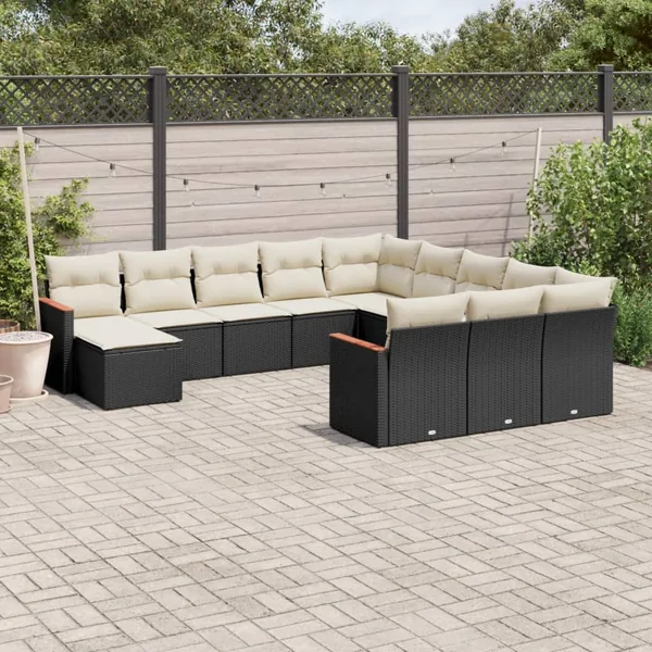 Salon de jardin 12 pcs avec coussins noir résine tressée
