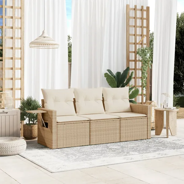 Salon de jardin avec coussins 3 pcs beige résine tressée