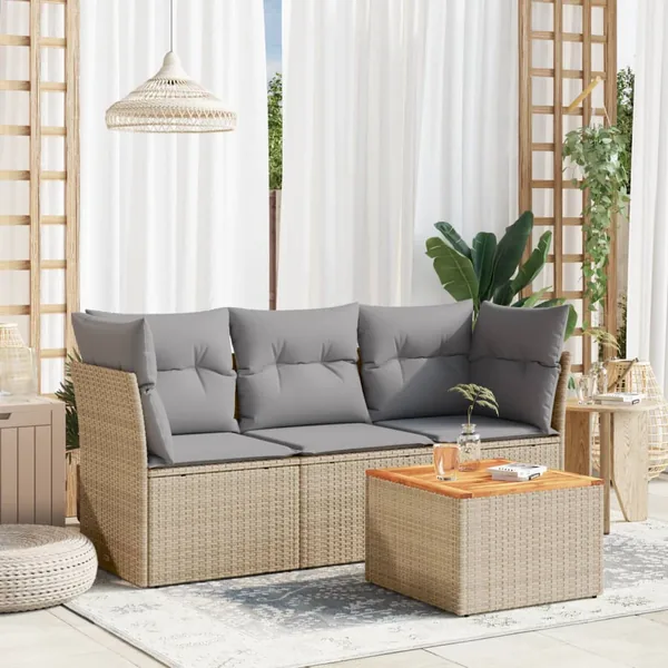 Salon de jardin avec coussins 4pcs mélange beige résine tressée