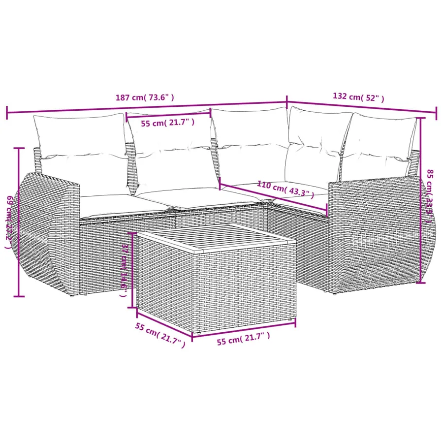 Salon de jardin 5 pcs avec coussins gris résine tressée - 3