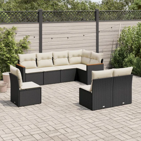 Salon de jardin 8 pcs avec coussins noir résine tressée