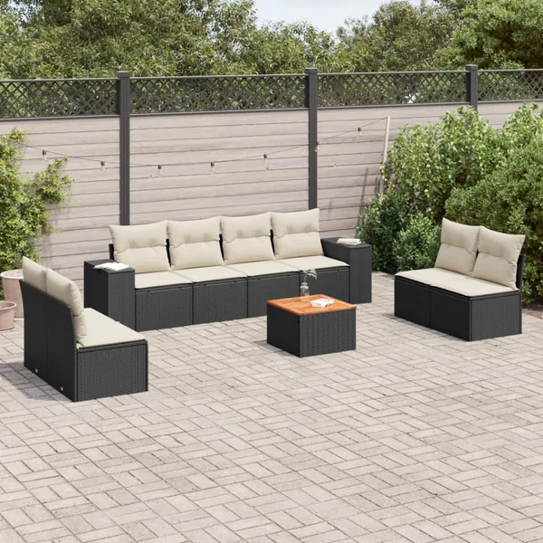 Salon de jardin 9 pcs avec coussins noir résine tressée
