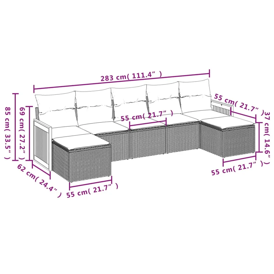 Salon de jardin 7 pcs avec coussins noir résine tressée 55 x 62 x 69 cm - 57,0 kg - 3