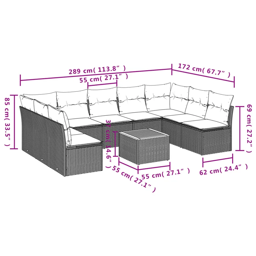 Salon de jardin 10 pcs avec coussins noir résine tressée - 10