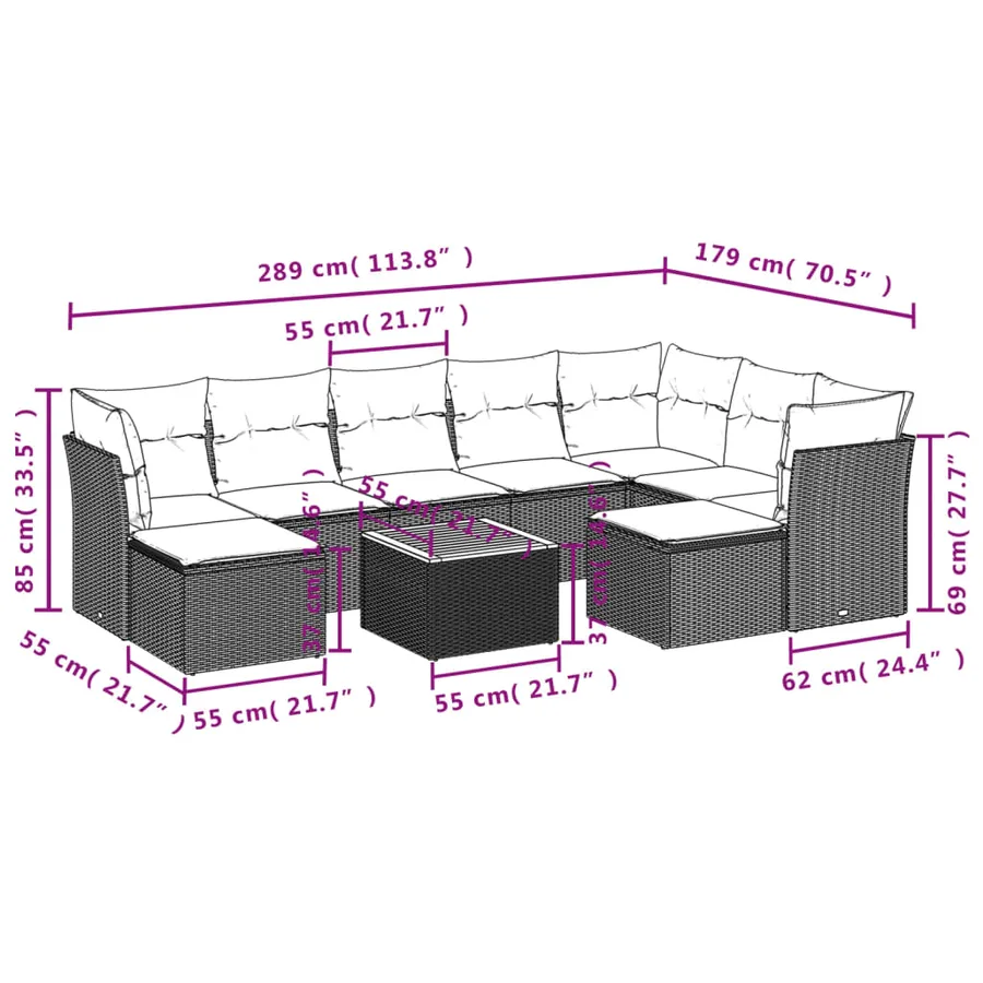 Salon de jardin avec coussins 10 pcs beige résine tressée - 11