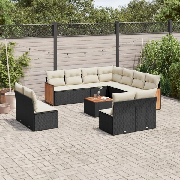 Salon de jardin 12 pcs avec coussins noir résine tressée