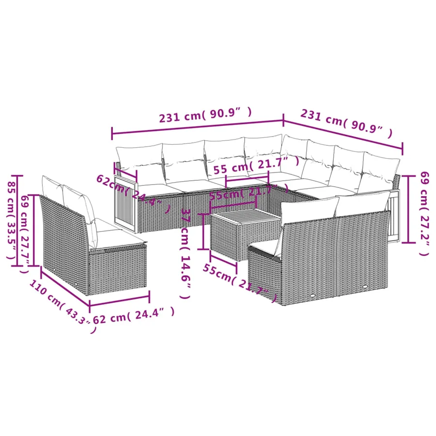Salon de jardin 12 pcs avec coussins noir résine tressée - 3