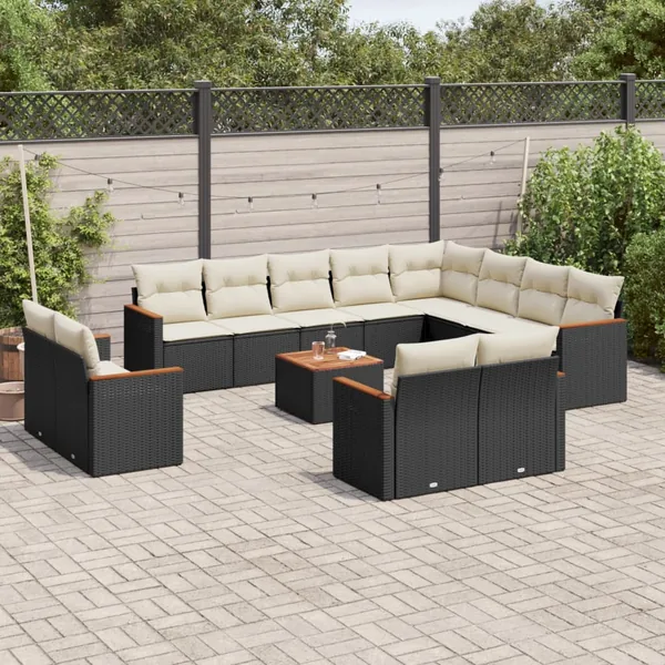 Salon de jardin avec coussins 13 pcs noir résine tressée