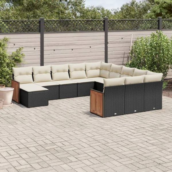Salon de jardin 12 pcs avec coussins noir résine tressée
