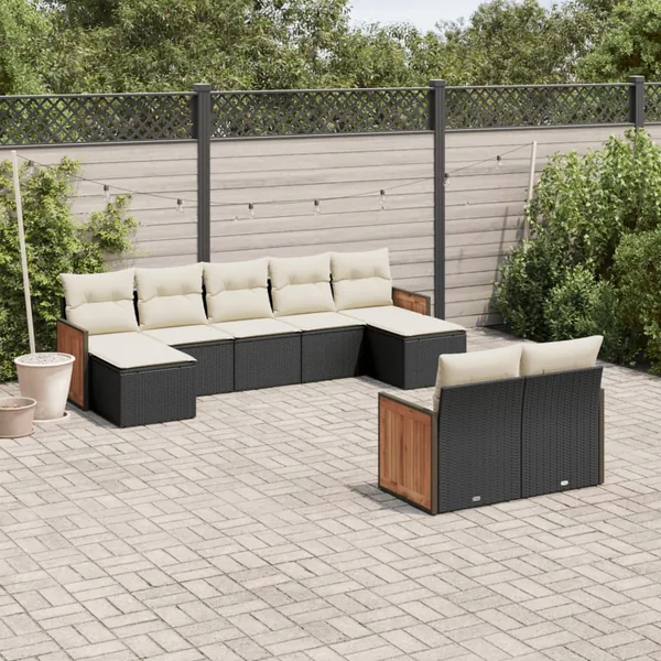 Salon de jardin 9 pcs avec coussins noir résine tressée
