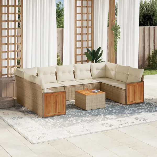 Salon de jardin avec coussins 10 pcs beige résine tressée