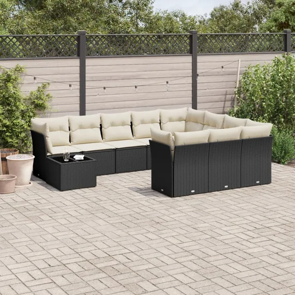 Salon de jardin 11 pcs avec coussins noir résine tressée