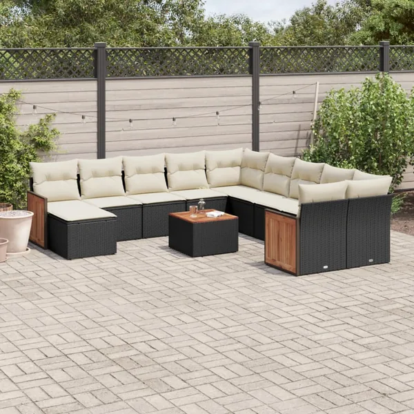 Salon de jardin 12 pcs avec coussins noir résine tressée