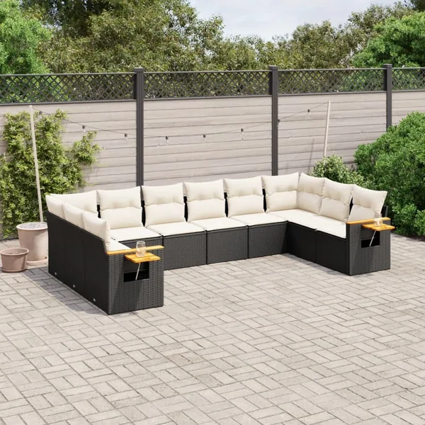 Salon de jardin 10 pcs avec coussins noir résine tressée