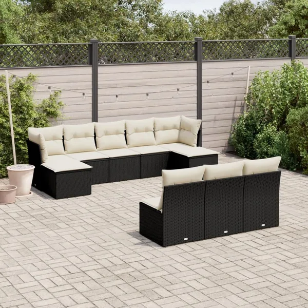 Salon de jardin 10 pcs avec coussins noir résine tressée