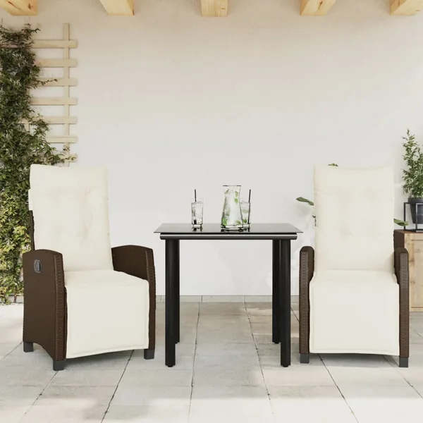 Ensemble à manger de jardin 3 pcs et coussins marron poly rotin