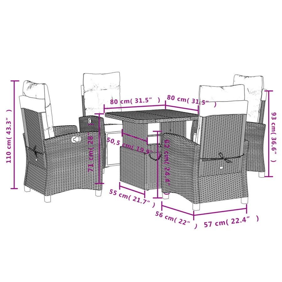 Ensemble à manger de jardin coussins 5pcs Noir Résine tressée - 8