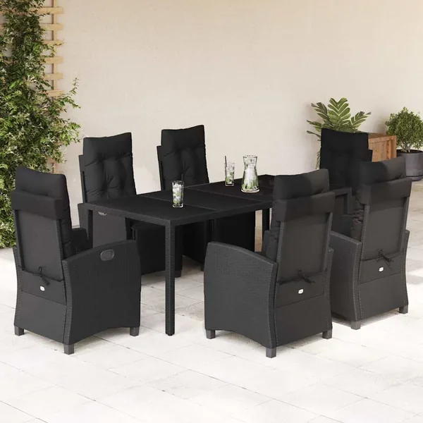 Ensemble à manger de jardin coussins 7pcs Noir Résine tressée