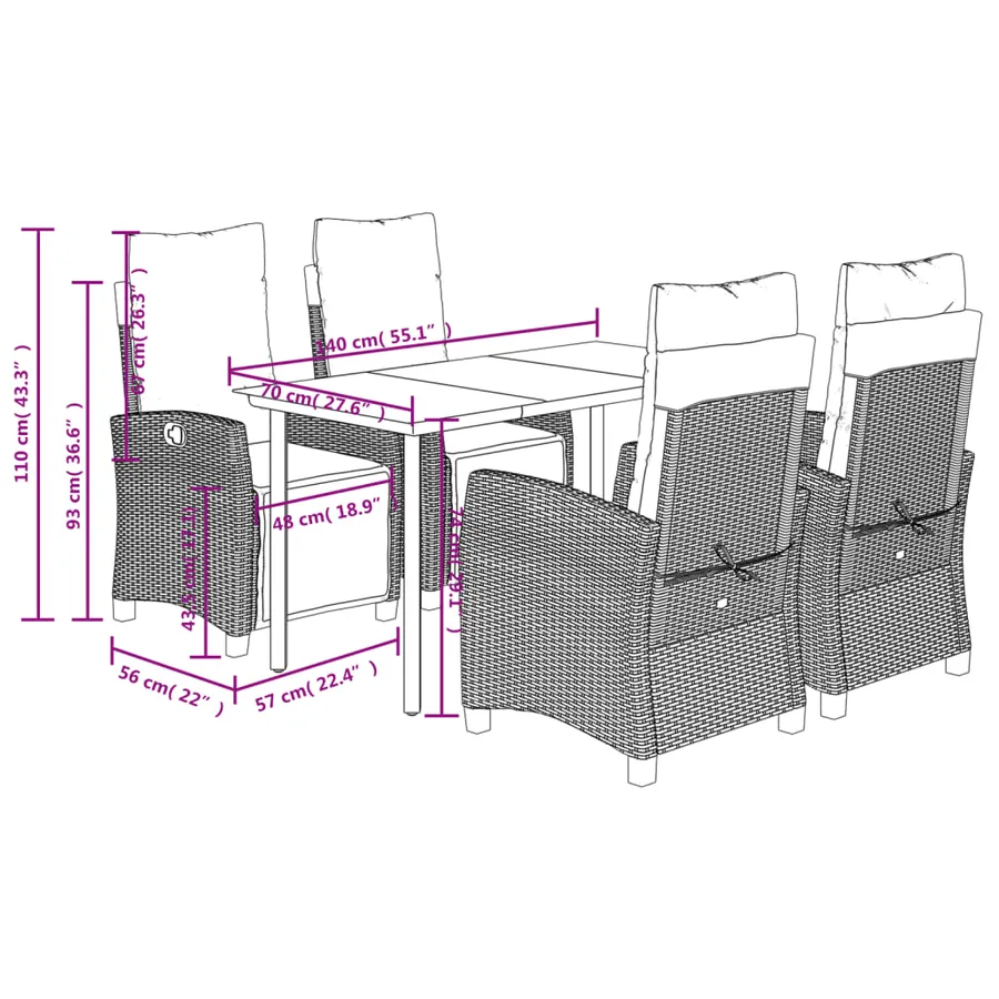 Ensemble à manger de jardin coussins 5pcs Noir Résine tressée - 9