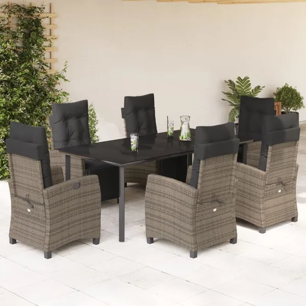 Ensemble à manger de jardin et coussins 7 pcs gris rotin