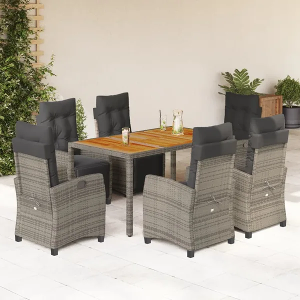 Ensemble à manger de jardin et coussins 7 pcs gris rotin