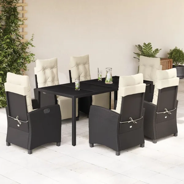 Ensemble à manger de jardin coussins 7pcs Noir Résine tressée